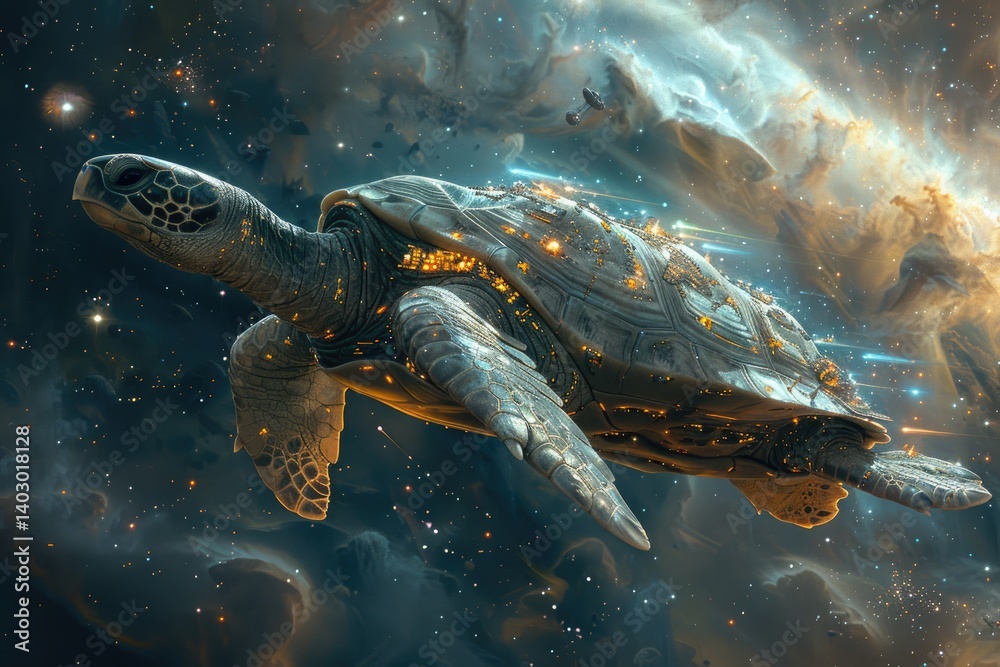 A giant turtle swims through the vast expanse of outer space A giant turtle swims through the vast expanse of outer space