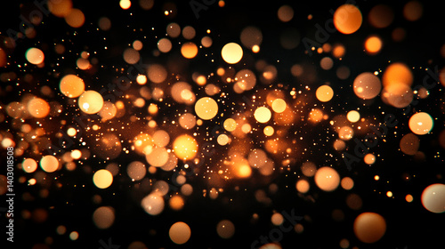Abstract magical light effect with golden glares bokeh on a black background.