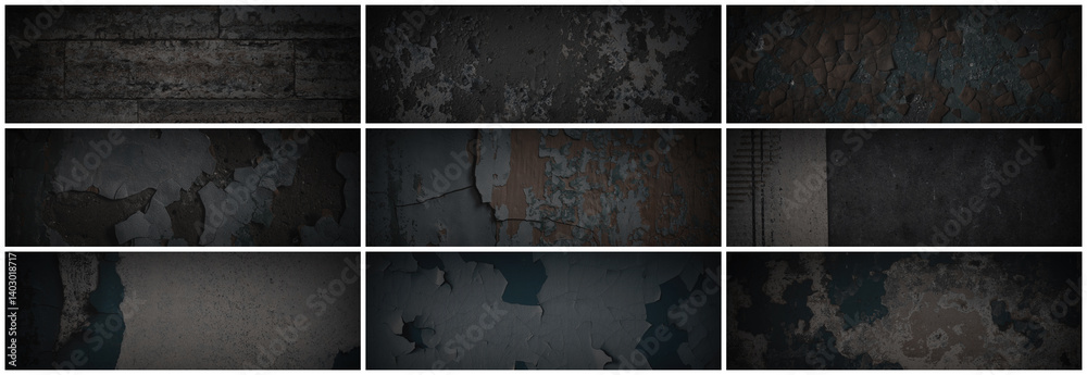 Set of dark panoramic background textures. Collection of wide textures with peeling paint, cracks, rust, scratches, noise and grain. Rough surfaces of old walls. Bundle of backgrounds for design.