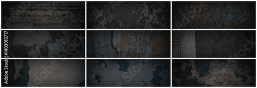 Set of dark panoramic background textures. Collection of wide textures with peeling paint, cracks, rust, scratches, noise and grain. Rough surfaces of old walls. Bundle of backgrounds for design.