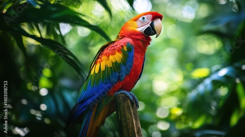 Vibrant macaw perches against a backdrop of verdant foliage in a tropical paradise