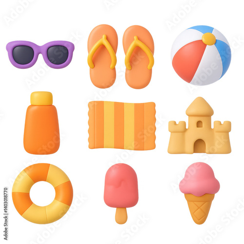 Colorful 3d summer beach icon set featuring sunglasses, flip-flops, sandcastle, and more