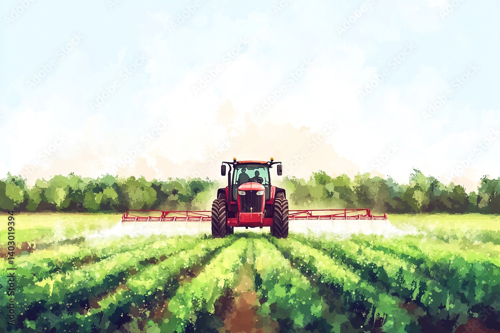 Fototapeta premium Red tractor spraying crops peaceful farm scene