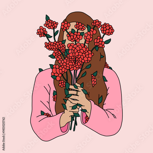Whimsical Woman with Red Flowers Illustration