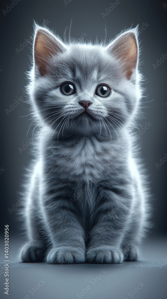 British Shorthair Gray Kitten, High Detail, Gray Background. British Shorthair Gray Kitten, High Detail, Gray Background.