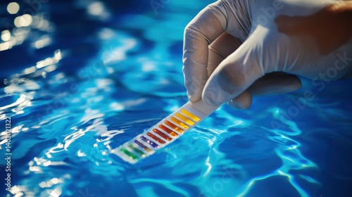 Pool technician testing water chemistry with a test strip. Featuring precision and pool maintenance