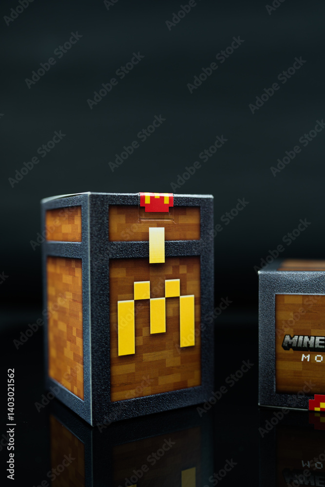Fototapeta premium Bangkok, Thailand - April 6, 2025 : Blind box toy from McDonald's collaboration with Minecraft movie limited edition.