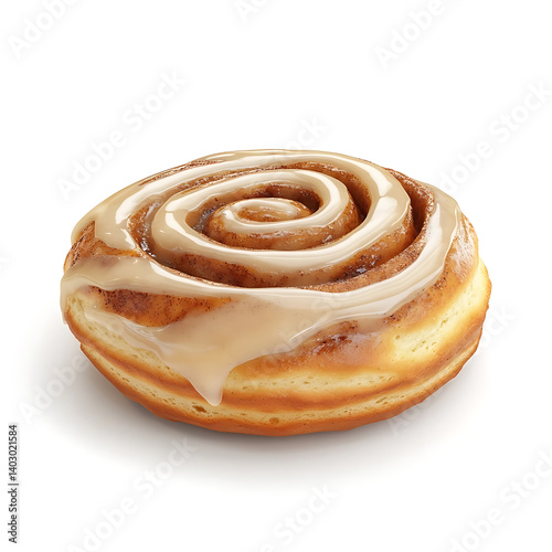 A soft and fluffy cinnamon roll with a thick glaze and spiral layers, isolated white background, hyperrealism art style