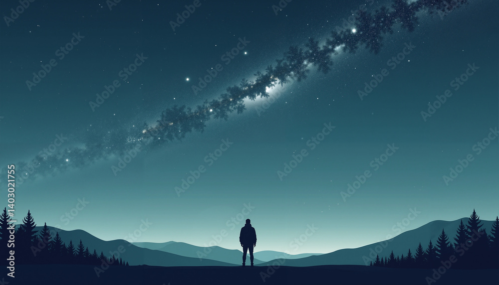 Silhouetted figure gazing at starry sky and milky way in serene landscape Silhouetted figure gazing at starry sky and milky way in serene landscape