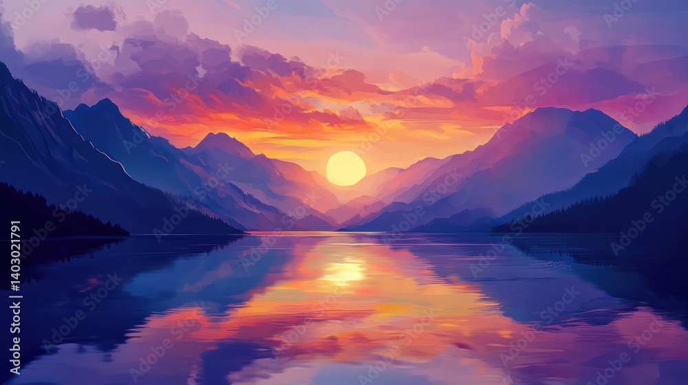 Fototapeta premium Reflections of serenity: A panoramic sunset scene over tranquil waters
