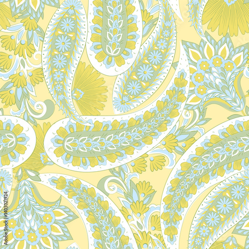 Digital vector textile print. Seamless Design for covers, fabrics, textiles, wrapping paper, featuring an antique Thai vector pattern Paisley Indian motifs and decorative floral elements