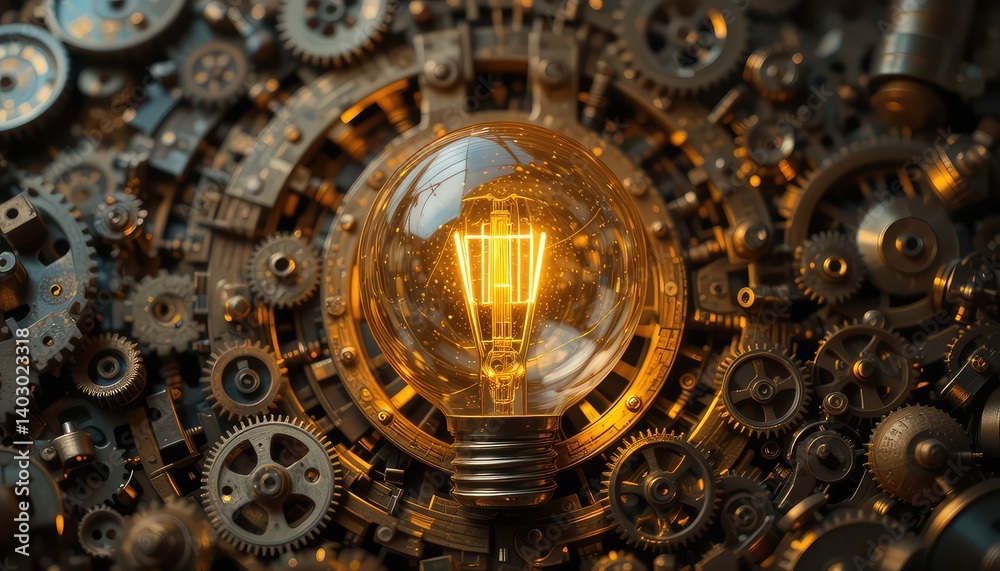 Fototapeta premium A glowing incandescent light bulb surrounded by intricate brass gears, symbolizing innovation and creativity.