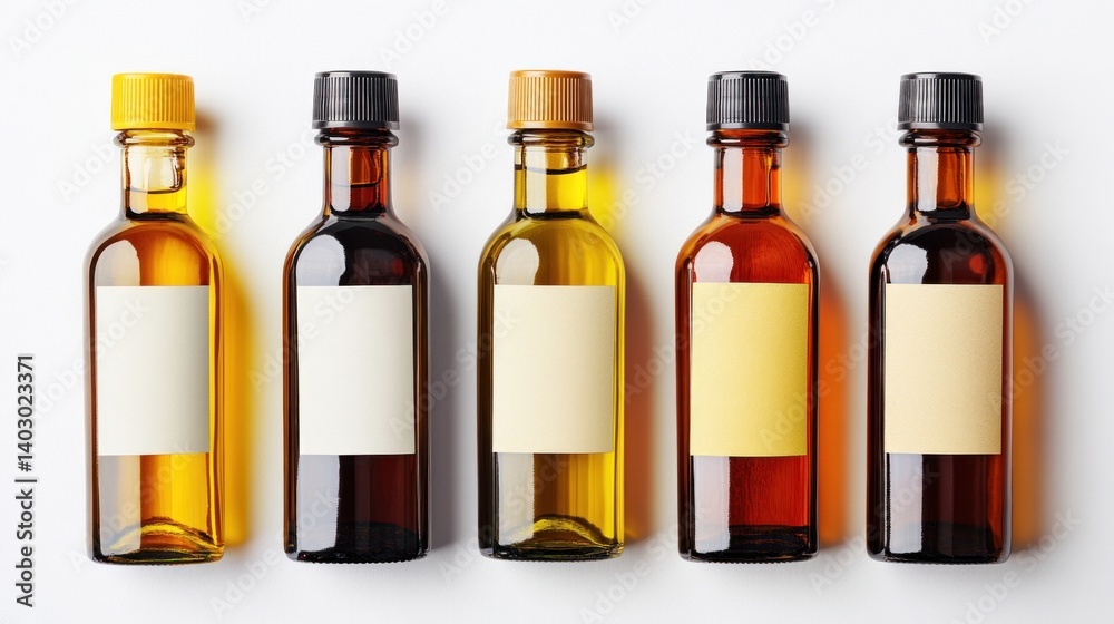Five bottles line up on a white surface, each filled with various colored liquids but lacking labels for identification Five bottles line up on a white surface, each filled with various colored liquids but lacking labels for identification