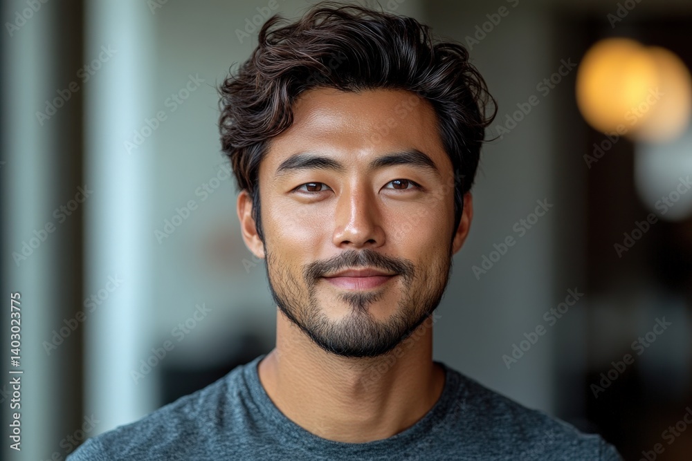 Portrait of a handsome man with wavy hair, softly smiling, indoors Portrait of a handsome man with wavy hair, softly smiling, indoors