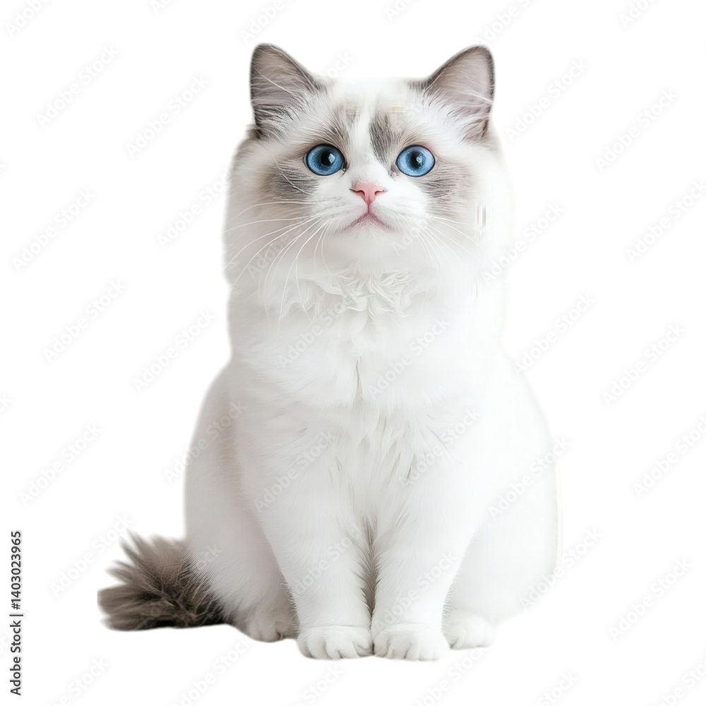 Ragdoll Cat with Fluffy White Fur and Blue Eyes in Sitting Pose on White Background
Ragdoll Cat with Fluffy White Fur and Blue Eyes in Sitting Pose on White Background
