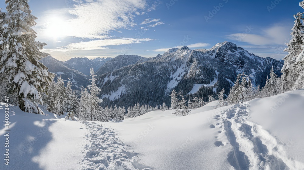 A snowy landscape featuring mountains and a beautiful winter day A snowy landscape featuring mountains and a beautiful winter day