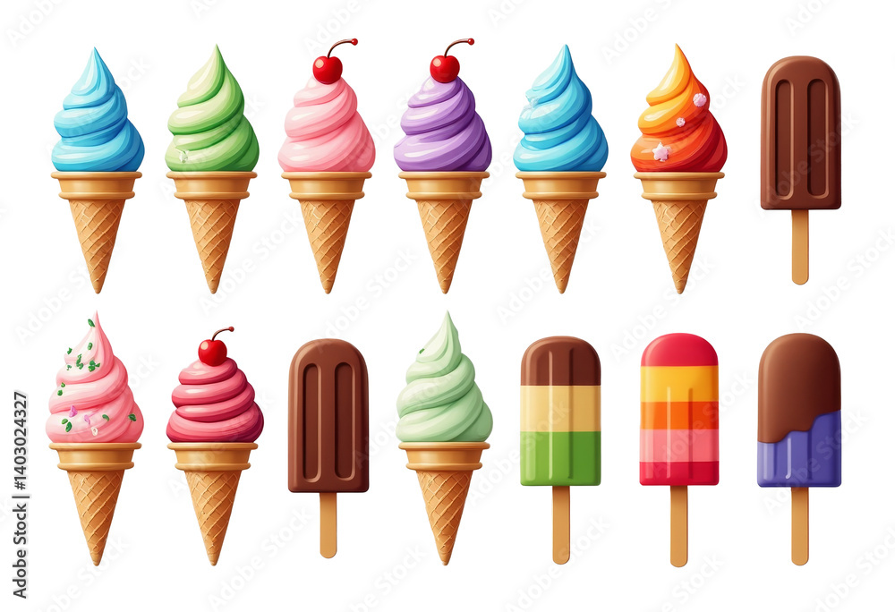 Colorful Ice Cream Cones & Popsicles, Transparent Background, Summer Treats. Colorful Ice Cream Cones & Popsicles, Transparent Background, Summer Treats.