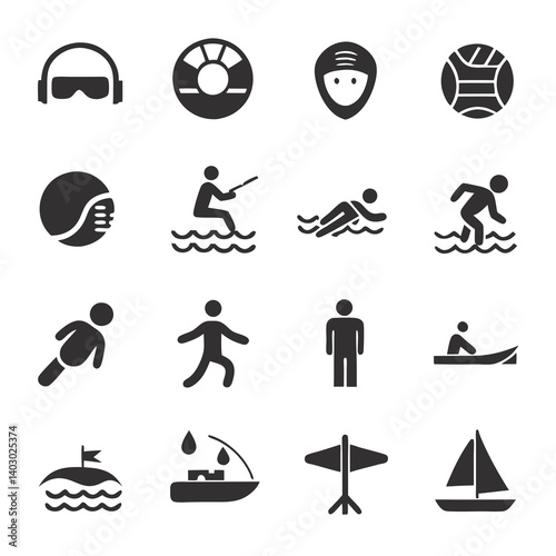 Water sports and recreation activity icons illustration collection