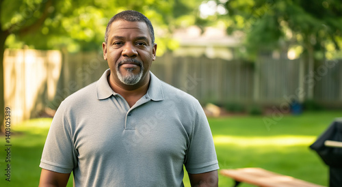 Um homem negro de meia-idade com barba grisalha, vestindo uma camisa polo casual e jeans, o fundo é um quintal suburbano com uma churrasqueira e mesa de piquenique