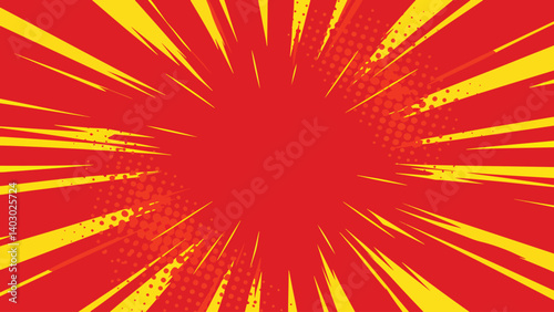 pop art starburst background with halftone dots and center copy space on red