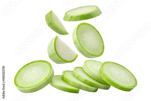 falling Kohlrabi cabbage slices isolated on white background.png