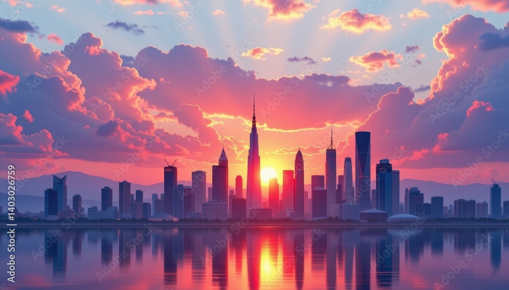 Sunset Over Cityscape Design a futuristic city skyline at sunset, with buildings outlined against a colorful sky and reflective waters. Sunset Over Cityscape Design a futuristic city skyline at sunset, with buildings outlined against a colorful sky and reflective waters.