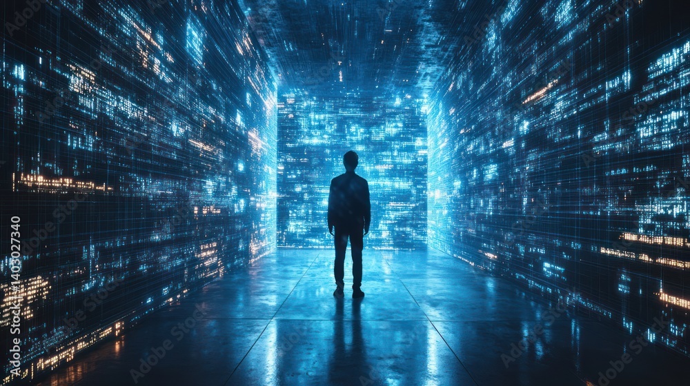 Man facing digital data wall in futuristic space, exploring code Man facing digital data wall in futuristic space, exploring code