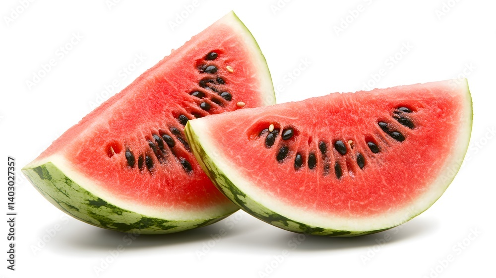 Two juicy slices of watermelon, showcasing their vibrant red flesh and black seeds, are presented against a stark white background. A refreshing summer image. Two juicy slices of watermelon, showcasing their vibrant red flesh and black seeds, are presented against a stark white background. A refreshing summer image.