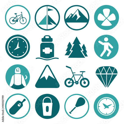 Activities and Adventure Icons in Teal and White Circle