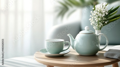 Wallpaper Mural A stylish mint green tea set elegantly placed on a minimalist coffee table, perfectly blended with decorative elements like flowers and soft ambient light for a serene ambiance. Torontodigital.ca