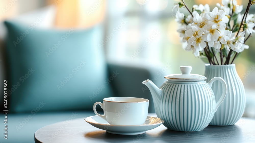 An appealing blue-striped teapot highlighted with accompanying flowers creates a delightful scene, encapsulating elegance and personality within a cozy and stylish setting. An appealing blue-striped teapot highlighted with accompanying flowers creates a delightful scene, encapsulating elegance and personality within a cozy and stylish setting.