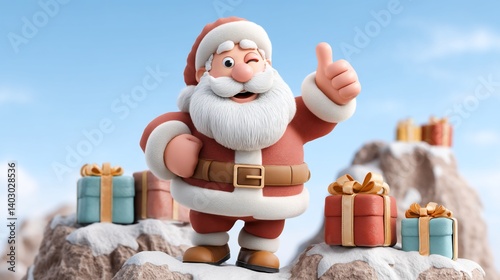Jolly Santa Claus gives thumbs up atop snowy mountain with gifts