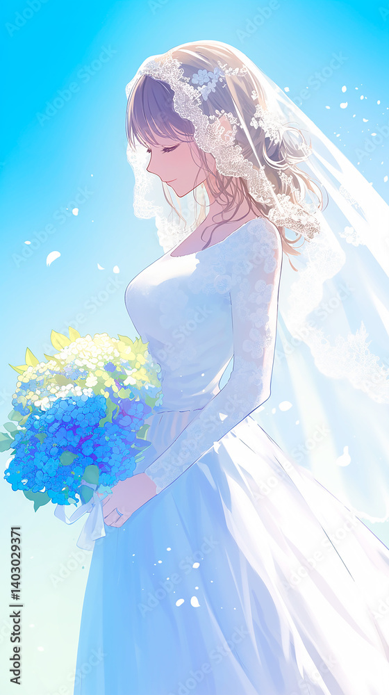 青色のブーケを持ってヴェールをかぶった花嫁の横顔のイラスト 青色のブーケを持ってヴェールをかぶった花嫁の横顔のイラスト