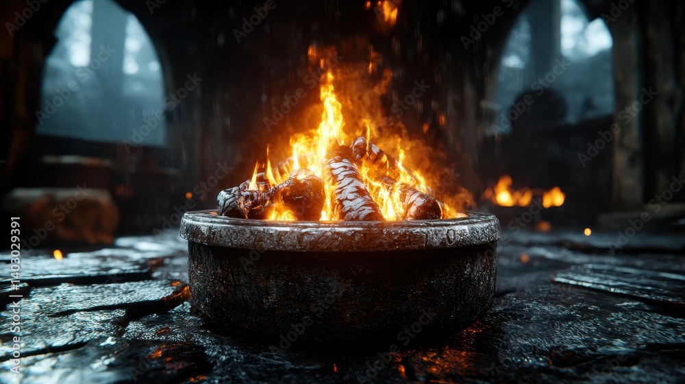 A captivating close-up of an intense fire in a stone bowl with smoke and embers, generating a visceral atmosphere that evokes warmth and primal energy. A captivating close-up of an intense fire in a stone bowl with smoke and embers, generating a visceral atmosphere that evokes warmth and primal energy.