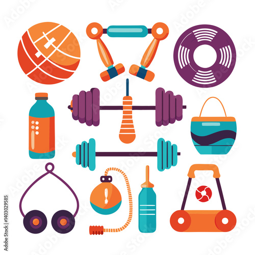 Colorful gym equipment illustration on a white background