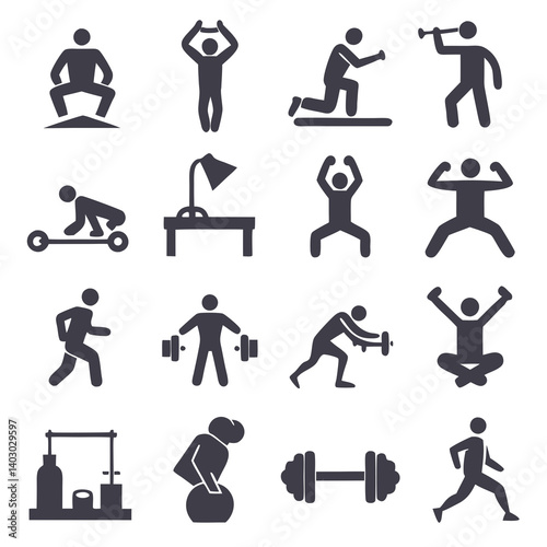 Fitness and exercise silhouette vector icons for workout routine