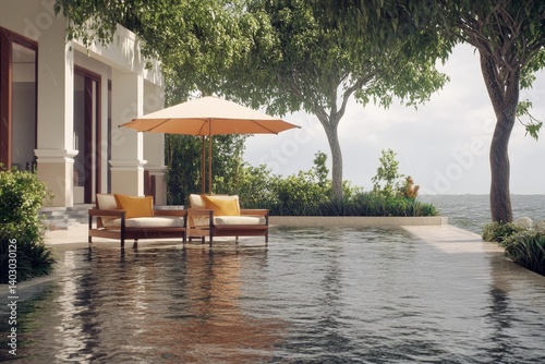 Luxurious outdoor patio area by the water