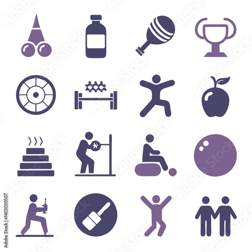 Health and Fitness Icons Set in Purple Theme