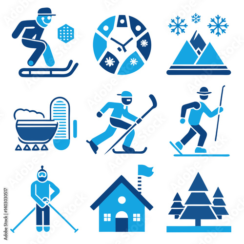 Winter activity icons set in blue color theme