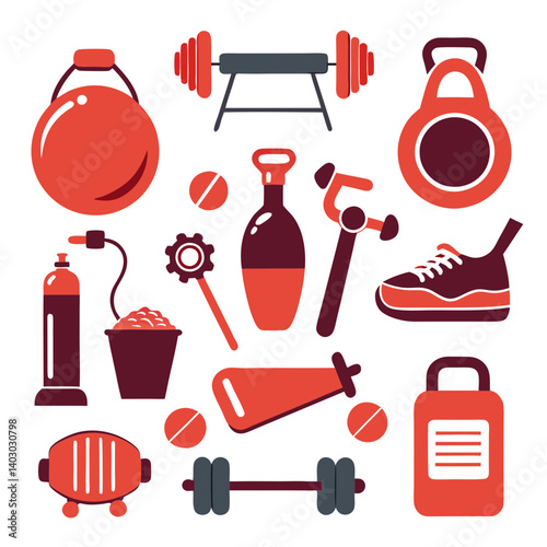 Gym equipment illustration: weights, kettlebells and sports supplements