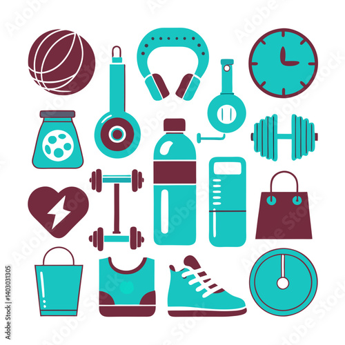 Fitness and Gym Accessories Icon Set on White