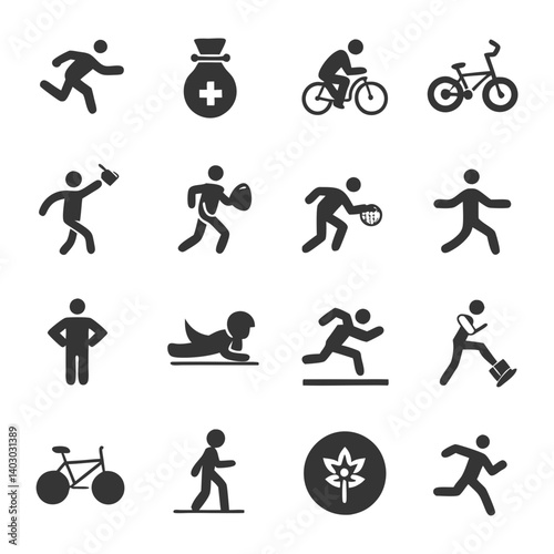 Sports, exercise, and activity icons set in silhouette