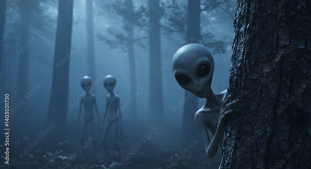 Naklejka premium AI image portrays a classic grey alien peeking from behind a tree in a foggy forest, with other aliens nearby.