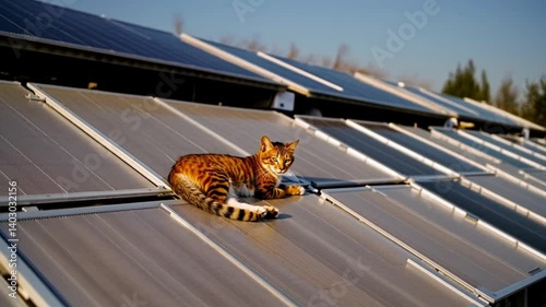 Cat enjoying the sun on solar panels, under the sunlight. Concept of renewable energy, sustainability, green energy, and eco-friendly living.

