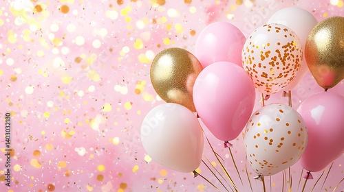 Gold and pink balloons. Pastel pink background. Pastel colored and gold balloons. Pastel pink background. Applicable for birthday party invitation or sale banner. Celebration template. 3d render illus