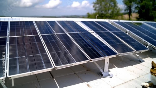 Domestic cat lying next to solar panels on a rural rooftop, enjoying the warmth of the sun. This tranquil scene blends sustainable energy with everyday rural life.
Green technology and energy concept
