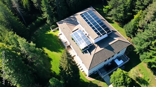 Drone view of solar panels on the roof of a luxury house isolated in a forest. The house is completely isolated, emphasizing concepts of sustainability, self-sufficiency, and eco-conscious living