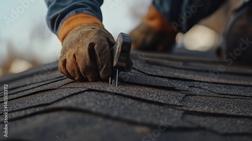 Roofer securing asphalt shingles in place. Featuring weatherproofing and technique