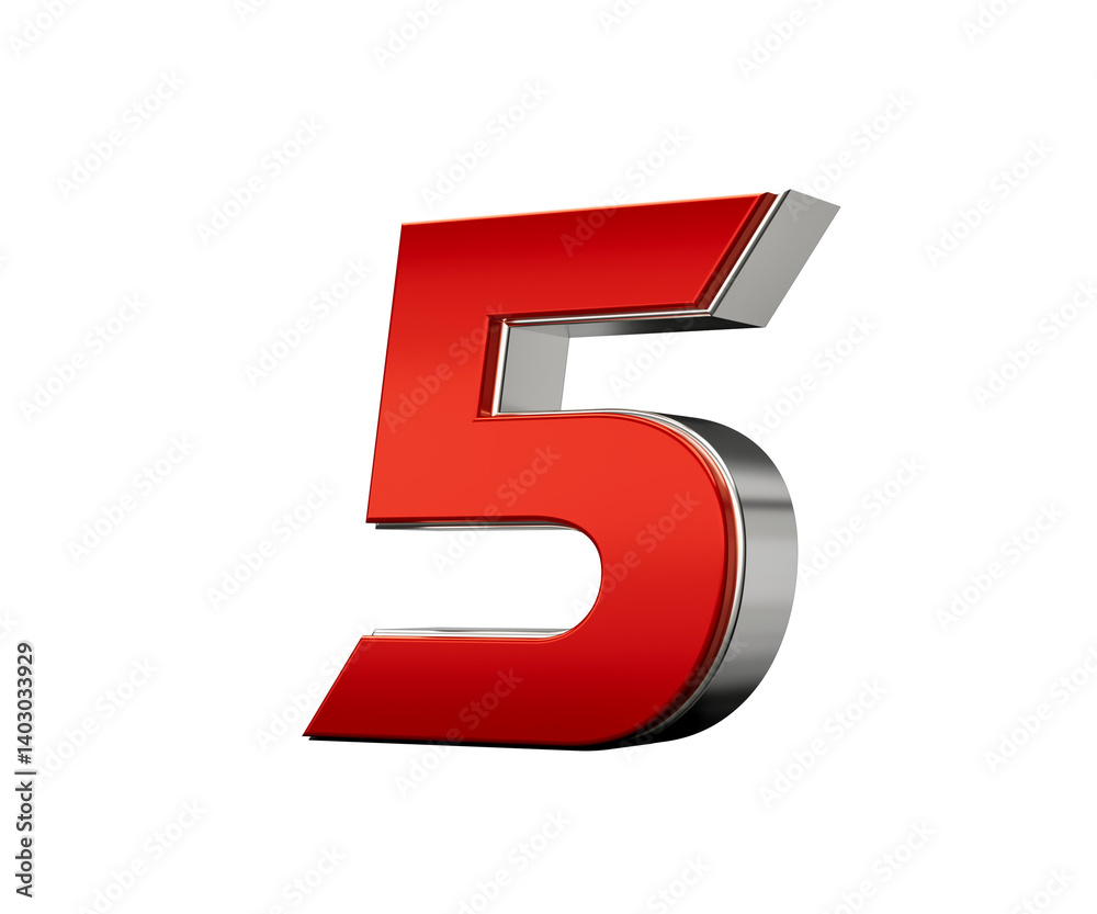 Metallic Red number 5 Five with silver edges . 3d illustration Metallic Red number 5 Five with silver edges . 3d illustration