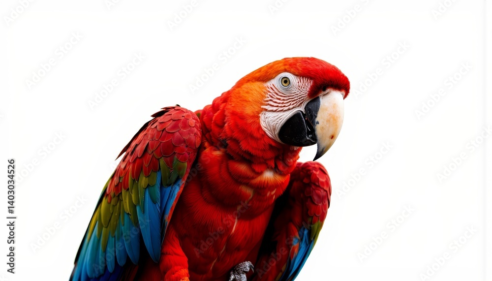 Naklejka premium Colorful macaw parrot perched against white background 